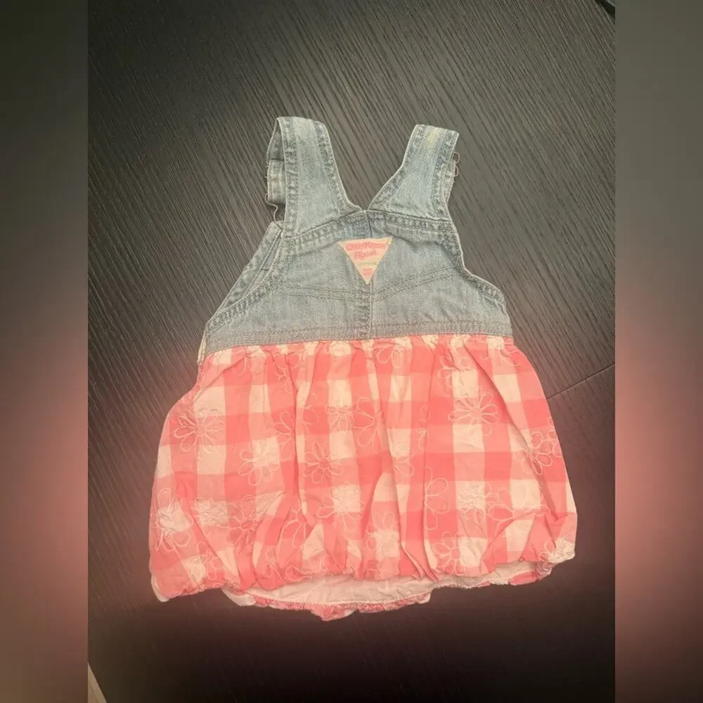 Vintage OshKosh B'gosh VestBak Denim Gingham Pink Bubble Dress Girls 6 Months